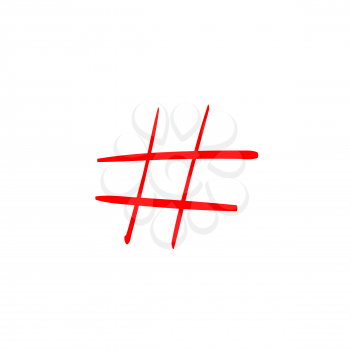 Modern flat design with hand drawn red hashtag isolated on white background