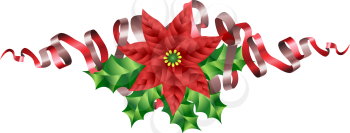 Royalty Free Clipart Image of 
A Christmas Poinsettia Holly and Ribbon Motif