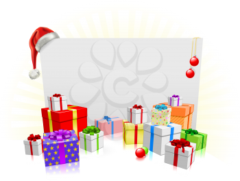 Royalty Free Clipart Image of a Sign and Presents