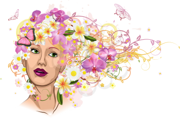 Royalty Free Clipart Image of a Woman With Hair Made of Flowers