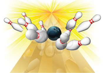 Illustration of a bowling ball smacking into ten pins scoring a strike