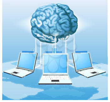 Computers connected to central brain, concept for distributed computing, crowd sourcing or other internet metaphor.