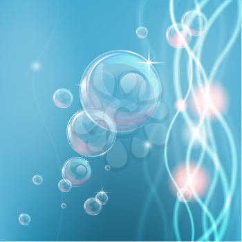 Blue background with abstract shapes and lights and bubbles