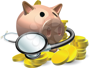 Financial health check concept. A piggy bank with coins and stethoscope wrapped round it.
