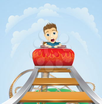 Cartoon of a young boy or man looking terrified on a roller coaster ride