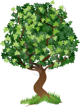 An illustration of a stylised tree with grass around its roots
