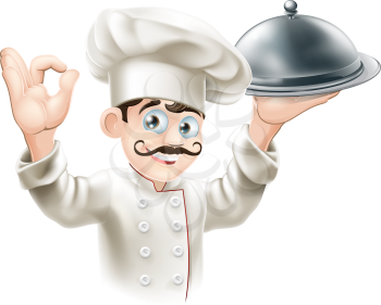 Illustration of a gourmet chef holding  silver platter and giving an okay sign
