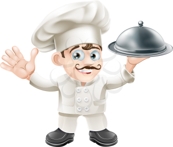 A cute French chef mascot with moustache holding a silver food platter and looking at viewer 