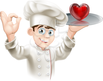 Illustration of a chef holding a heart on a tray, concept for loving food or cooking or putting your heart into cooking