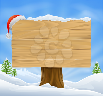 Illustration of wooden Christmas sign with snow and Santa hat hanging from it against a winter landscape.