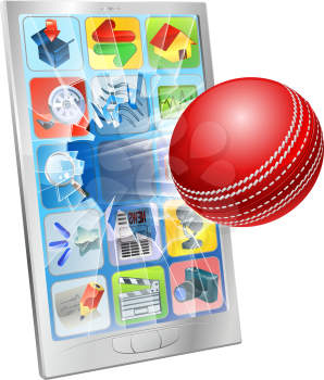 Illustration of an cricket ball flying out of cell phone screen
