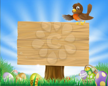 A cute robin bird character sitting on a message board sign surrounded by Easter eggs in a green field
