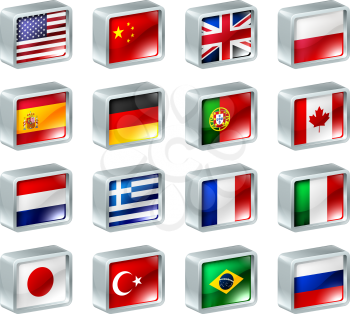 Flag icons or buttons, can be used as language selection icons for translating web pages or region selection or similar.
