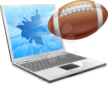 Illustration of a football ball flying out of a broken laptop computer screen