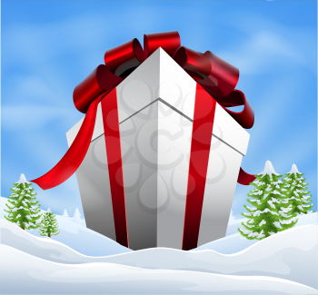 Illustration of a giant Christmas gift in idyllic Christmas snowy landscape