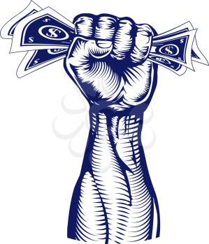 A revolutionary fist holding up a hand full of dollar bills money.