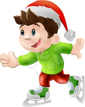 Cartoon illustration of a happy young man or boy having and ice skate in a Christmas Santa hat