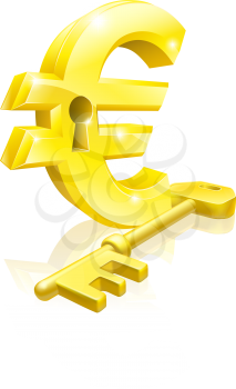 Conceptual illustration of a gold Euro sign and key. Concept for unlocking financial success or cash or for financial security.