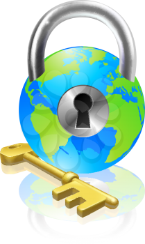 World globe like a locked padlock with key. Concept could be for internet security, data protection or general security
