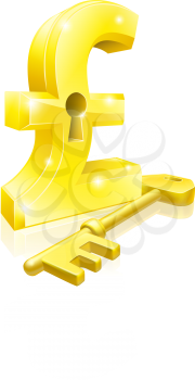 Conceptual illustration of a gold pound sterling sign and key. Concept for unlocking financial success or cash or for financial security.