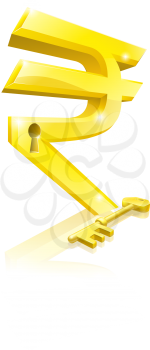 Conceptual illustration of a gold Rupee sign and key. Concept for unlocking financial success or cash or for financial security.