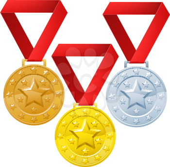 Gold, silver and bronze winners medals for first second and third place awards.