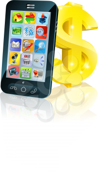 Illustration of cell phone leaning on dollar sign. Concept for financial app, or best phone deals or other finance cell phone related.
