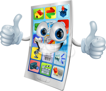 Very happy mobile phone mascot giving two thumbs up

