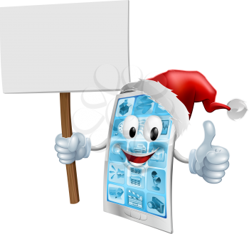 A Christmas mobile phone mascot character wearing a Santa hat and holding a sign while giving a thumbs up
