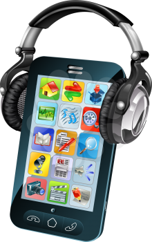 A cell phone wearing large dj headphones