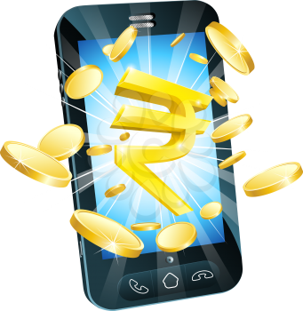 Rupee money phone concept illustration of mobile cell phone with gold Rupee sign and coins