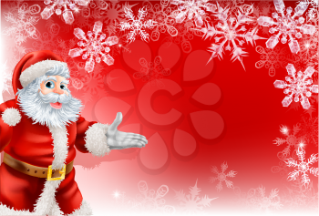 A red Santa Christmas snowflake background with very detailed illustration of Santa Clause and beautifully depicted transparent snowflakes.