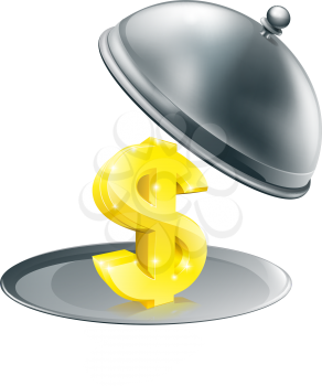 A Dollar sign on silver platter. Conceptual illustration for money making opportunity or perhaps to do with expensive dinning