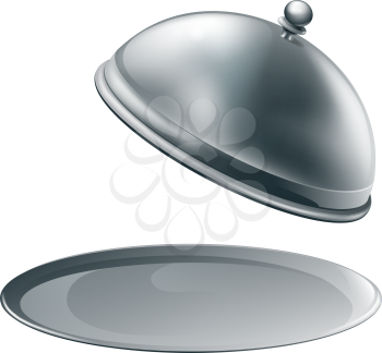 An open empty metal silver platter or cloche with space to place object or text on it