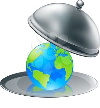 Illustration of the world globe on a silver platter. Concept for world on plate (opportunity or success), or environmental stewardship.