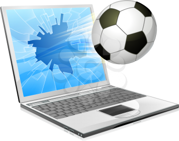 Illustration of a soccer ball or football flying out of a broken laptop computer screen