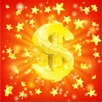 Exciting financial success concept with gold dollar sign flying out of background with stars