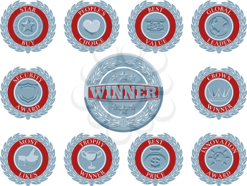 A set of blue and red winners award badges or medallions like those awarded in test or reviews or for product descriptions