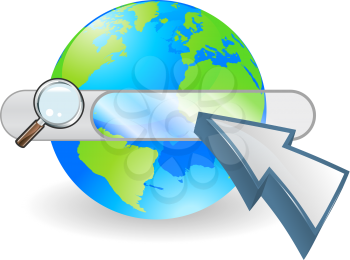 Conceptual internet illustration with search bar over world globe and arrow cursor