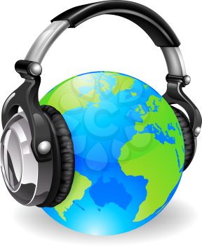 A pair of audio music headphones on a world globe
