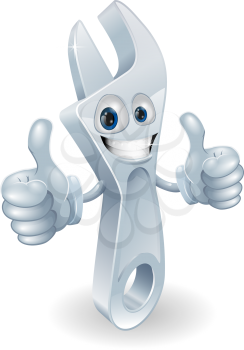 Adjustable spanner man mascot giving a double thumbs up and smiling