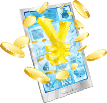 Yen money phone concept illustration of mobile cell phone with gold yen sign and coins