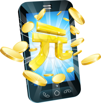 Yuan money phone concept illustration of mobile cell phone with gold Yuan sign and coins