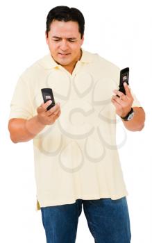 Man looking at mobile phones isolated over white