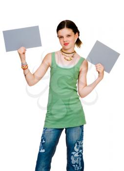 Royalty Free Photo of a Girl Holding Two Blank Placards