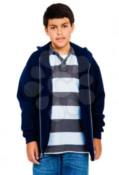 Boy standing and posing isolated over white