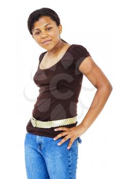 African American girl posing and smiling isolated over white