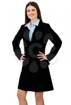 Businesswoman standing and smiling isolated over white