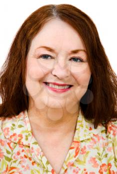 Mature woman smiling and posing isolated over white