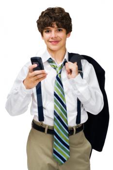 Happy boy text messaging on a mobile phone isolated over white